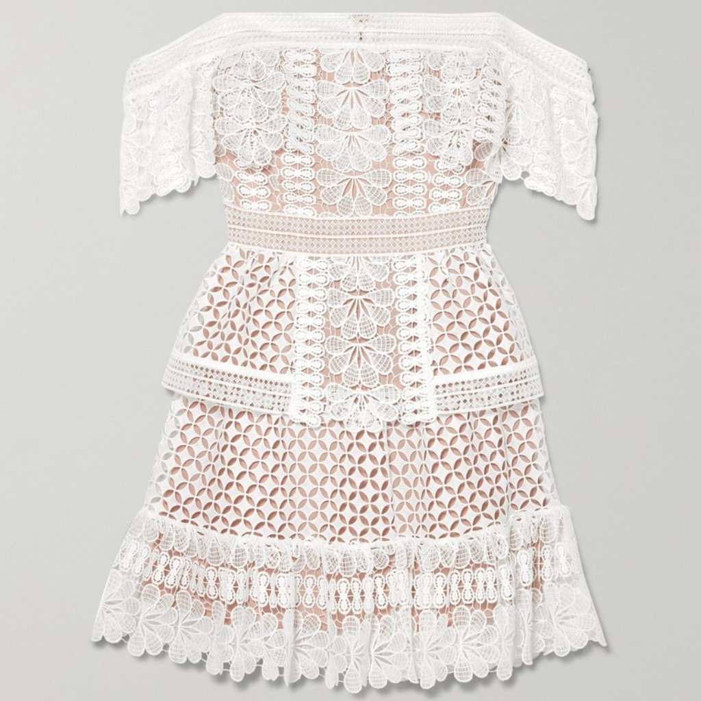 Self-Portrait Off-The-Shoulder Guipure Lace Mini Dress Nwt - Uk Size 10, White